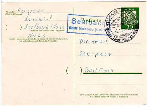 BRD 1962, Landpost Stpl. SEELBACH über Nassau (Lahn) auf 10 Pf. Ganzsache 