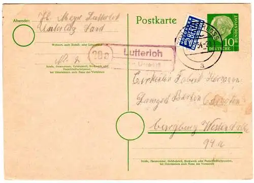 BRD 1954, Landpost Stpl. 20a LUTTERLOH über Unterlüss auf 10 Pf. Ganzsache 