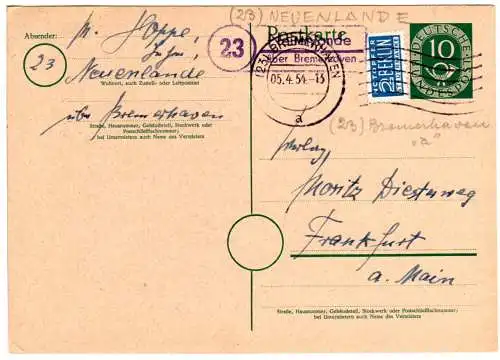 BRD 1954, Landpost Stpl. 23 NEUENLANDE über Bremerhaven auf 10 Pf. Ganzsache 