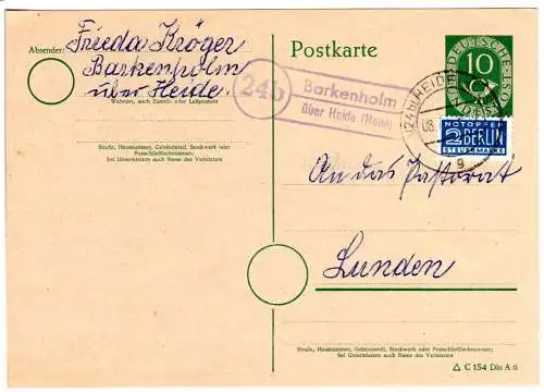 BRD 1952, Landpost Stpl. 24b BARKENHOLM über Heide (Holst) auf 10 Pf. Ganzsache 