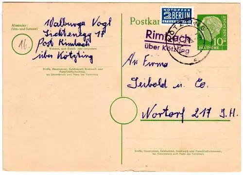 BRD 1955, Landpost Stpl. RIMBACH über Kötzting auf 10 Pf. Ganzsache 