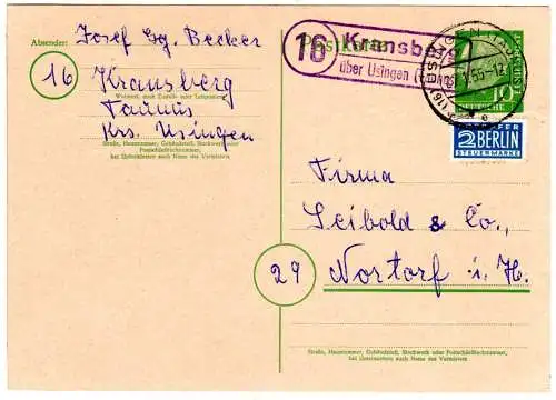 BRD 1955, Landpost Stpl. 16 KRANSBERG über Usingen (Taunus) auf 10 Pf Ganzsache 