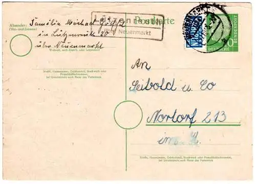 BRD 1955, Landpost Stpl. LÜTZENREUTH über Neuenmarkt auf 10 Pf Ganzsache 