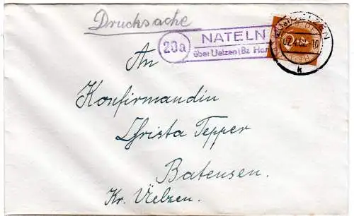 BRD 1952, Landpost Stpl. 20a NATELN über Uelzen (Bz. Han) auf Brief m. 4 Pf.