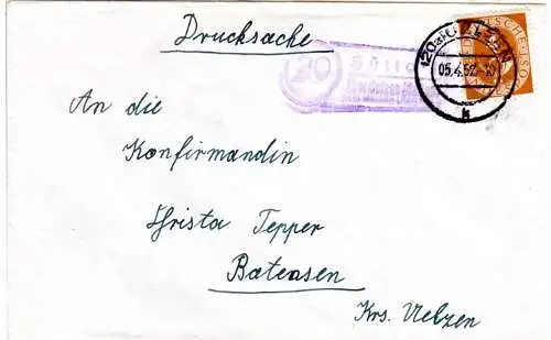 BRD 1952, Landpost Stpl. 20 SÜTTORF über Uelzen (Bz. Han) auf Brief m. 4 Pf.