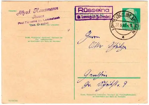 DDR 1959, Landpost Stpl. RÜSSEINA über Lommatzsch auf 10 Pf. Ganzsache 