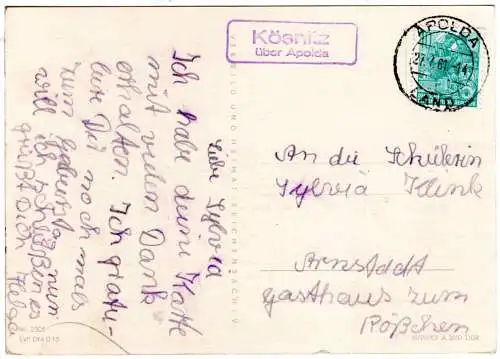 DDR 1961, Landpost Stpl. KÖSNITZ über Apolda auf Karte m. 10 Pf. 