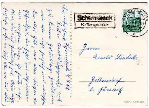 DDR 1962, Landpost Stpl. SCHERNEBECK Kr. Tangerhütte auf Karte m. 10 Pf. 