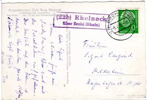 BRD 1956, Landpost Stpl. 22b RHEIECK über Brohl auf Niederbreisig AK m. 10 Pf. 