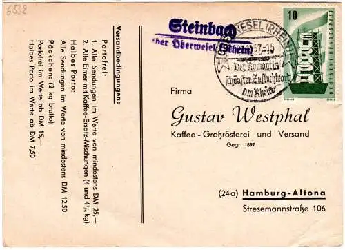 BRD 1957, Landpost Stpl. STEINBACH über Oberwesel (Rhein) auf Karte m. 10 Pf. 