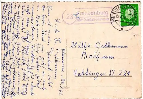 BRD 1960, Landpost Stpl. 23 FRANKENBURG über Osterholz-Sch. auf Karte m. 10 Pf. 