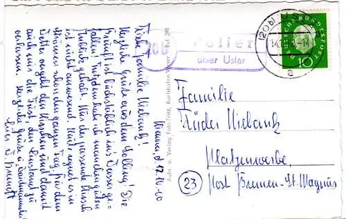 BRD 1960, Landpost Stpl. 20b POLIER über Uslar auf Karte m. 10 Pf.