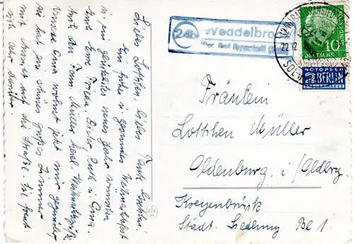 BRD 1955, Landpost Stpl. 24b WEDDELBROOK über Bad Bramstedt auf Karte m. 10 Pf.