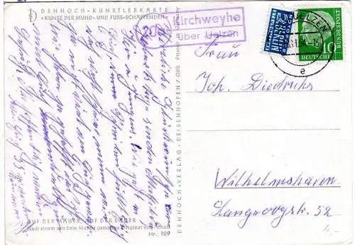 BRD 1954, Landpost Stpl. 20a KIRCHWEYHE über Uelzen auf Karte m. 10 Pf.