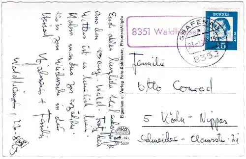 BRD 1963, Landpost Stpl. 8351 WALDHÄUSER auf Karte m. 15 Pf. u. Stpl. Grafenau