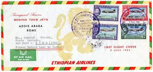 Äthiopien 1964, 4 Flugmarken auf Erstflug Brief v. Addis Ababa n. Rom Italien