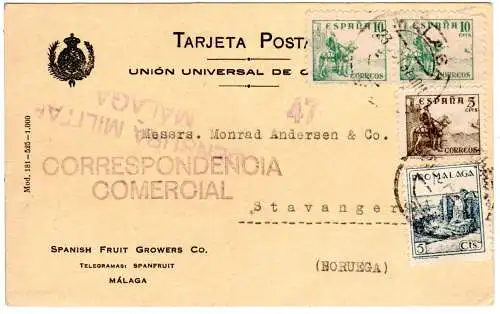 Spanien1937, 5+2x10+5 C. Pro Malaga auf Zensur Karte v. Malaga n. Norwegen