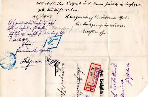 Bayern 1900, K1 Hengersberg auf R-Brief m. blau eingestempeltem R-Zettel