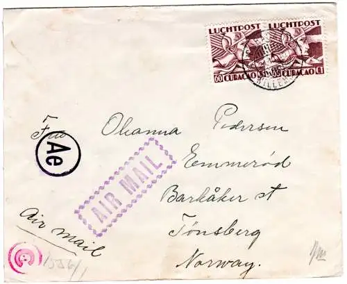 Curacao 1940, 2x60 C. auf Luftpost Zensur Brief v. Willemstad n. Norwegen