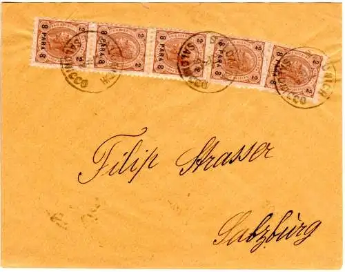 Österreich Post i.d. Levante 1892, 5x8 P./2 Kr auf Brief v. Salonich n. Salzburg