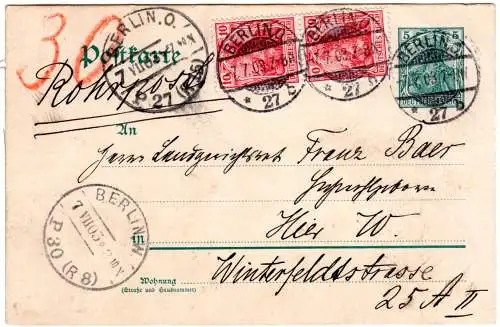 DR 1903, 2x10 Pf. auf 5 Pf. Germania m. 2 versch. Berlin Rohrpost Stempeln