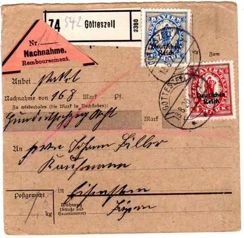 DR 1920, 1x1 1/4 Mk. Bayern Abschied auf Nachnahme Paketkarte v. Gotteszell