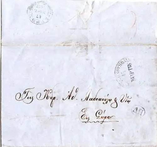 Griechenland Post i.d. Türkei1857, K2 Konstantinopolis u. PD auf Brief n. Syros