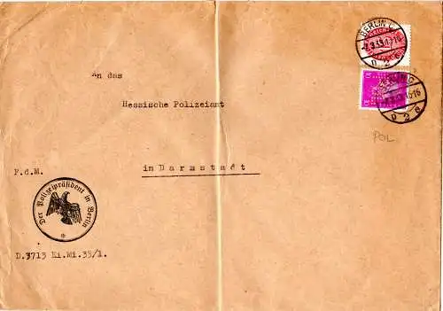 DR 1933, 10 Pf. m. POL Lochung zus. m. 15 Pf. Dienst auf Polizei Brief v. Berlin