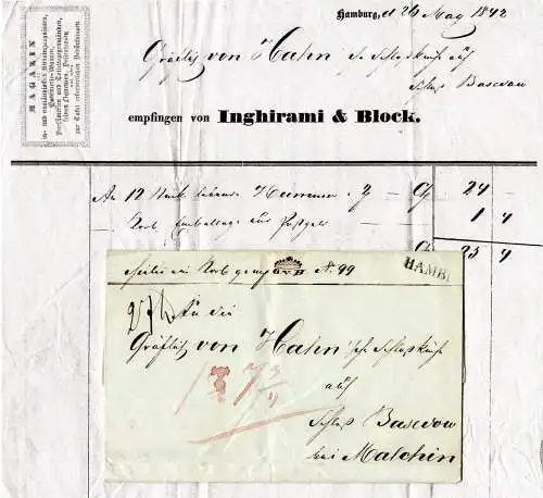 Hamburg 1842, Fahrpost Brief m. L1 n. Basedow b. Malchin, Mecklenburg. Geprüft