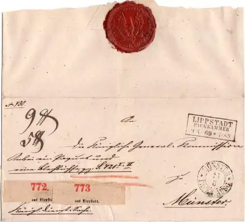 NDP 1869, R2 Lippstadt Packkammer u. K2 Münster Packe Ausg. auf Begleitbrief 