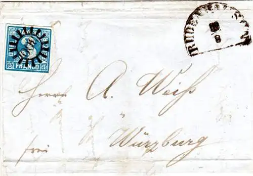 Bayern 1853, MR 300 Rüdenhausen klar auf Brief m. breitrandiger 3 Kr. 