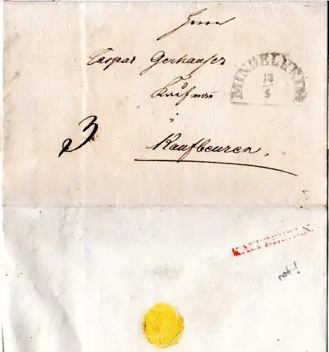 Bayern 1842, roter (!) L1 Kaufbeuren rs. auf Porto Brief v. HKS Mindelheim