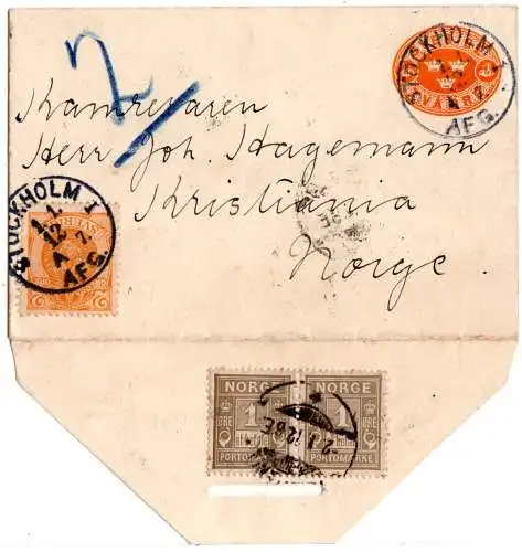 Schweden 1912, 2 öre Zusatz auf 2 öre Ganzsache Brief m. Norwegen 2x1 öre Porto