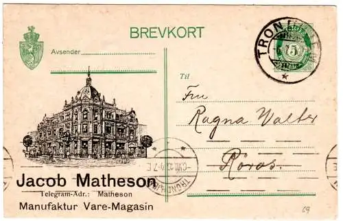Norwegen 1916, 5 öre Ganzsache v. Trondhjem n. Röros m. Geschäftshaus-Abb.