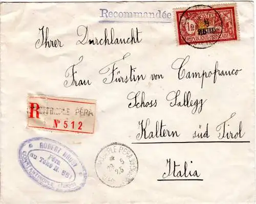 Französische Post Levante 1925, 15 Pia./1 F. auf Reko Brief v. Constantinople 