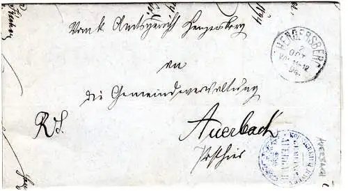 Bayern 1894, K1 Hengersberg auf Brief n. Auerbach m. blauem Gemeide Siegelstpl.