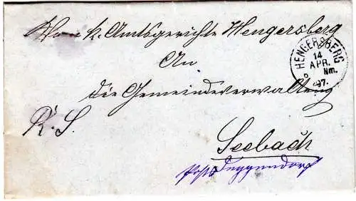 Bayern 1897, K1 Hengersberg auf Regierungssache Brief n. Seebach Post Deggendorf