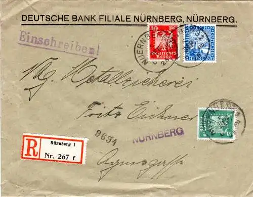 DR 1925, 5+10+20 Pf. m. perfins auf Bank Einschreiben Brief v. Nürnberg