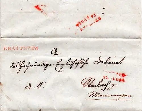 Baden 1844, L1 Krautheim u. L2 Stockach je in rot auf Brief Nachsendebrief