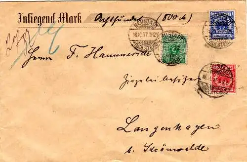 DR 1897, 5+10+20 Pf., schöne Buntfrankatur auf Wertbrief v. Neustadt. Geprüft