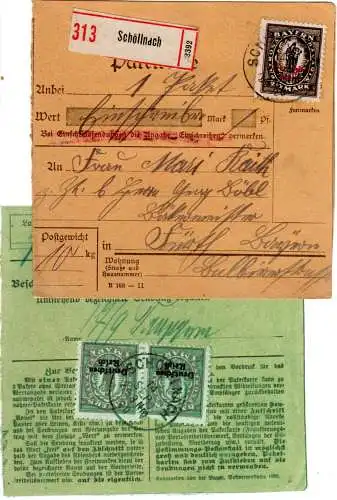 DR 1920, 2 1/2 u. rs. Paar 1 Mk. Bayern Abschied auf R-Paketkarte v. Schöllnach