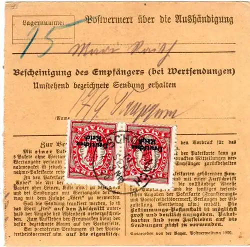 DR 1920, 2 1/2 u. rs. Paar 1 Mk. Bayern Abschied auf R-Paketkarte v. Schöllnach