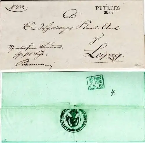 Preusen 1840, L2 Putlitz klar auf portofreiem Brief n. Sachsen