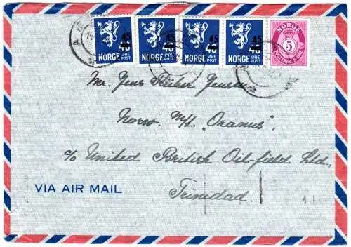 Norwegen 1951, 5 Marken auf Luftpost Brief v. Arendal n. Trinidad