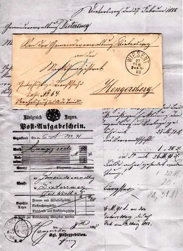 Bayern 1888, K1 Wiesent auf Porto-Brief v. Dietersweg m. Hengersberg Postschein