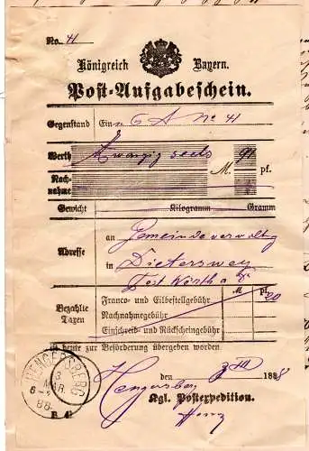 Bayern 1888, K1 Wiesent auf Porto-Brief v. Dietersweg m. Hengersberg Postschein