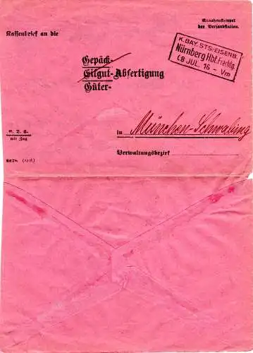 Bayern 1916, doppelt verw. Umschlag d. K.Bay. Sts. Eisenbahn Nürnberg/Schwabing