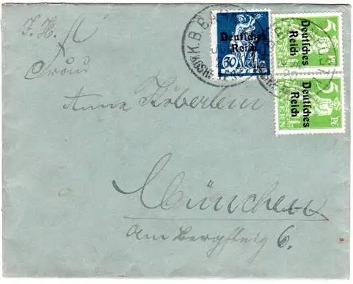 DR 1920, 30+2x5 Pf. Bayern Abschied auf Brief m. K.B. Bahnpost KGSHF II NEUST