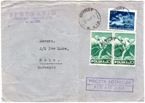 Polen 1949, 25+2x10 Zt. auf Brief v. Gdynia m. 2-sprachigen Luftpoststempel