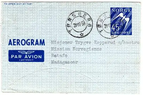 Norwegen 1950, 45 öre Aerogram v. Tönsberg n. Madagascar